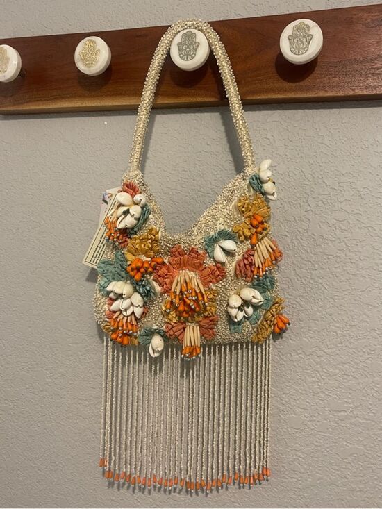 Handcrafted in India Handbags - Viral Beaded Bag - Floral Fringe Satchel - Ivory with Orange & Teal Accents